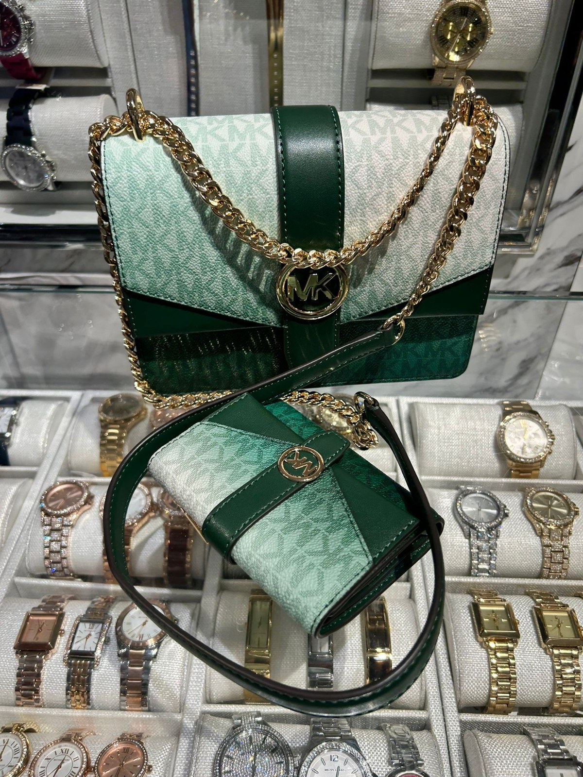 Michael Kors MK Greenwich Women Small Crossbody Bag Handbag + Wallet Moss Multi