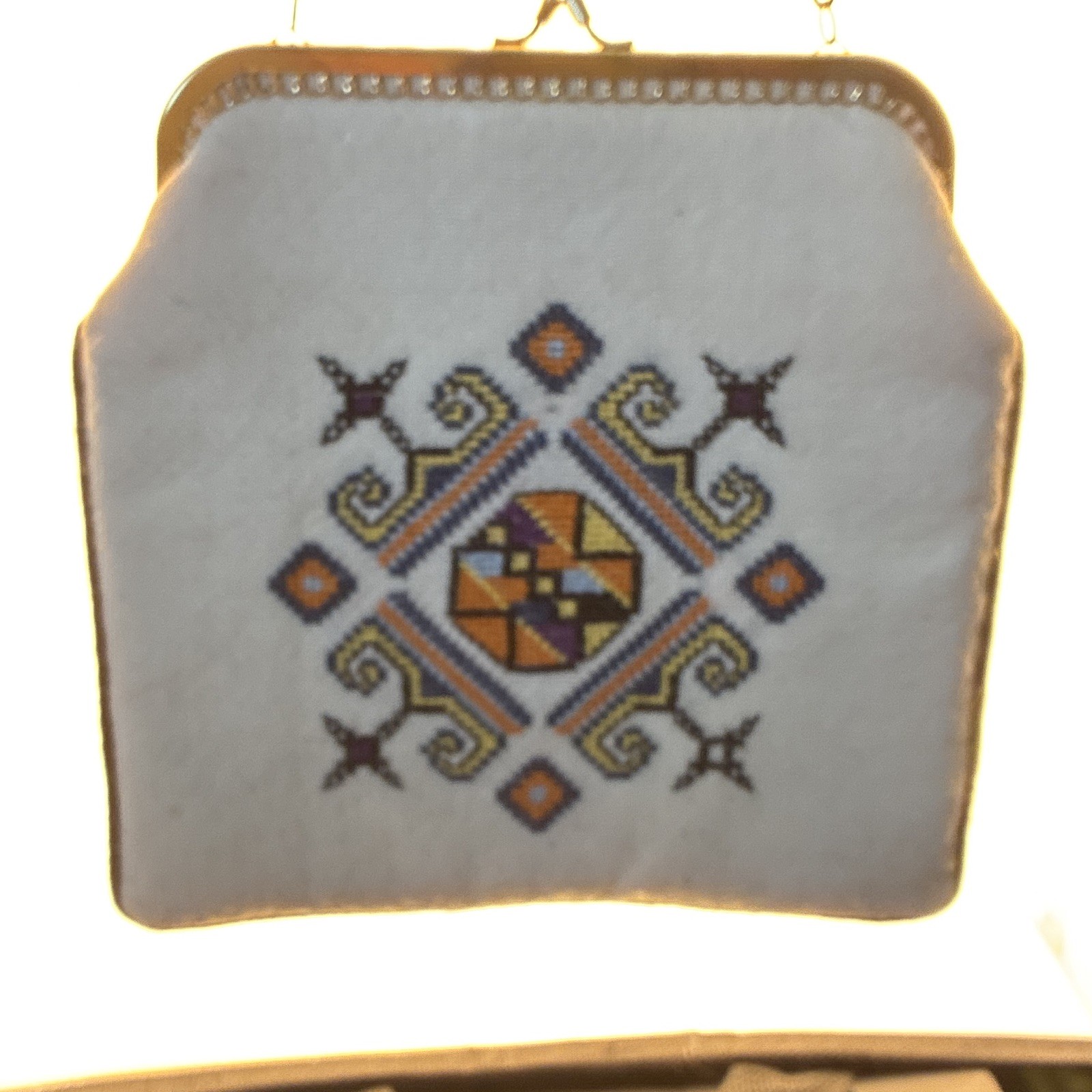 Embroidered Geometric Clutch Purse White/Blue Gold Chain Shoulder Strap Clasp