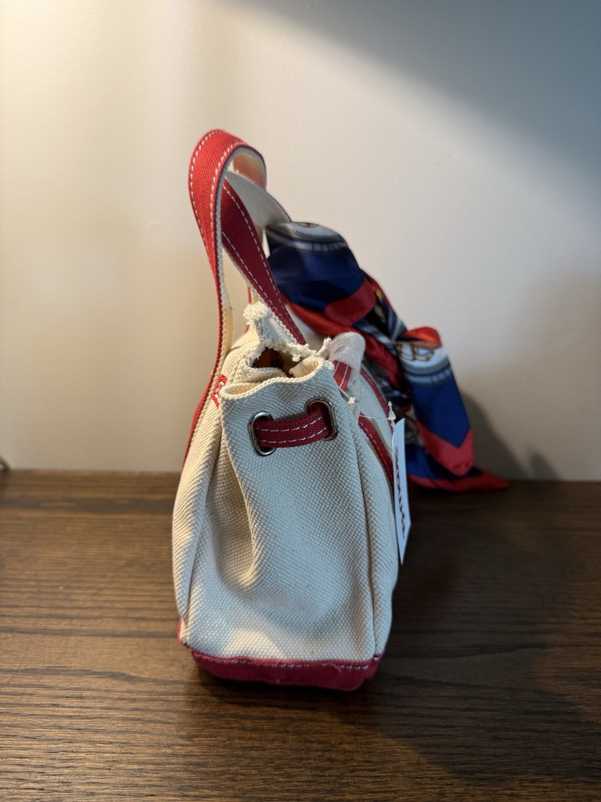 NEW SUNWIN SMALL CANVAS BOATKIN BEIGE/ RED BOAT TOTE BAG WITH 2 INNER POCKETS