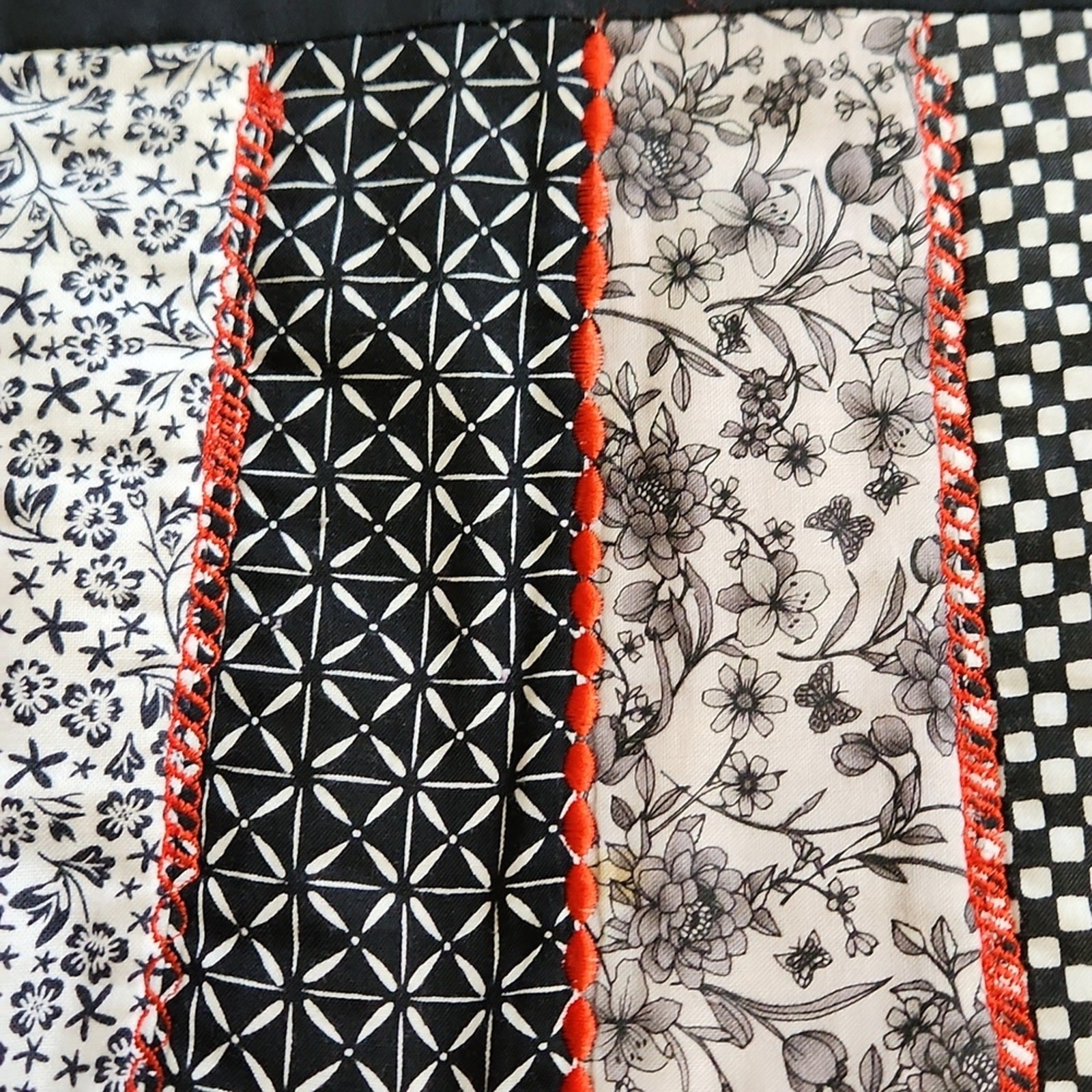 Handmade Quilted Black White Red Shoulder Purse Bag Floral Butterfly Embroidered