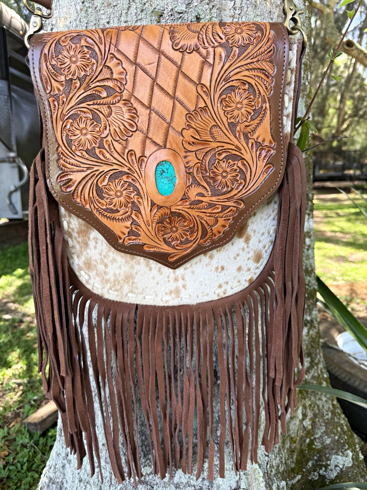 American DarlingTooled Floral Cowhide Fringe Crossbody Bag Turquoise Concho