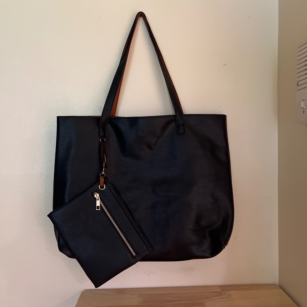 Reversible Vegan Leather Tote Bag with Matching Pouch Black Cognac Brown Large