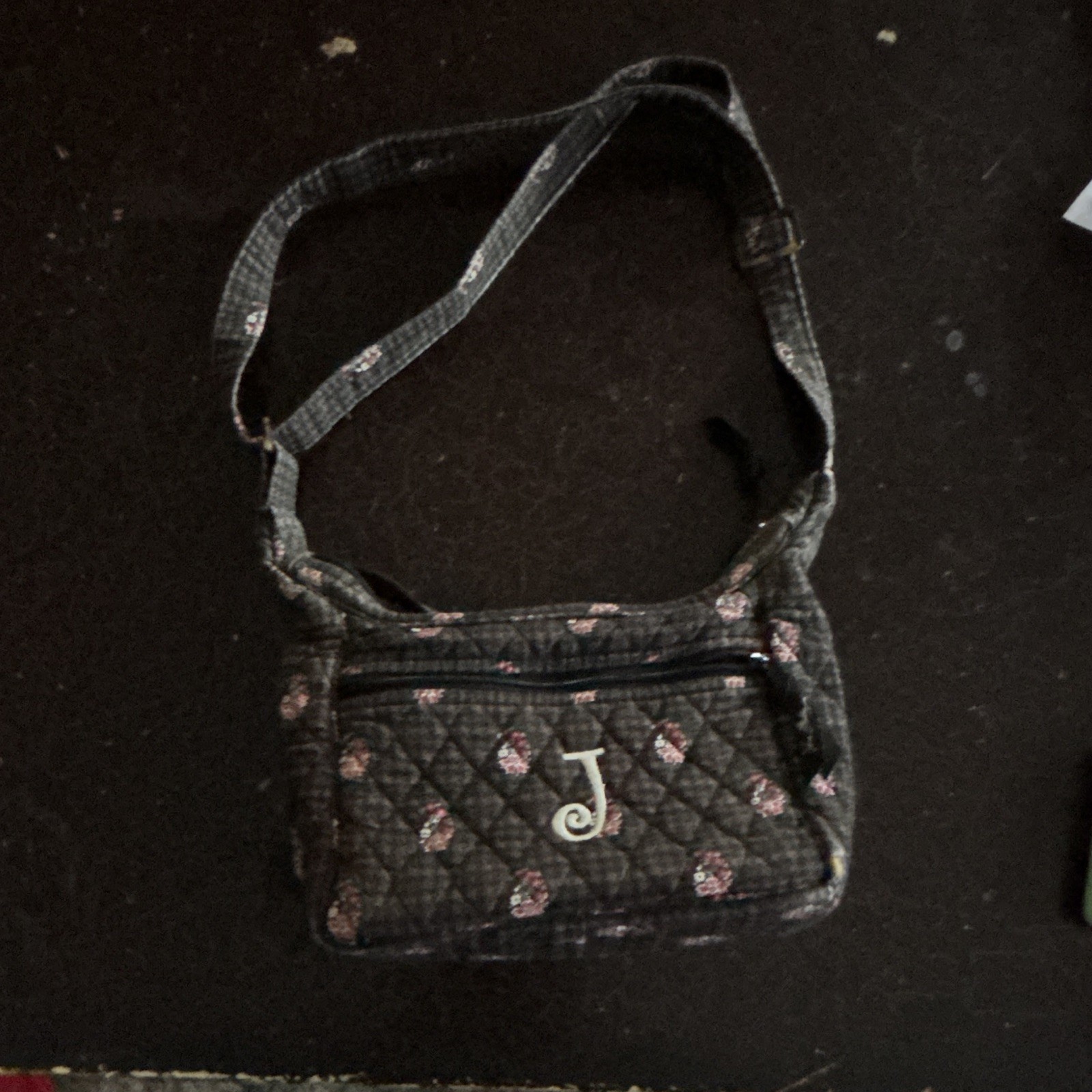 Quilted Black Pink Floral Zip Shoulder Bag Embroidered Initial J Lined Pockets