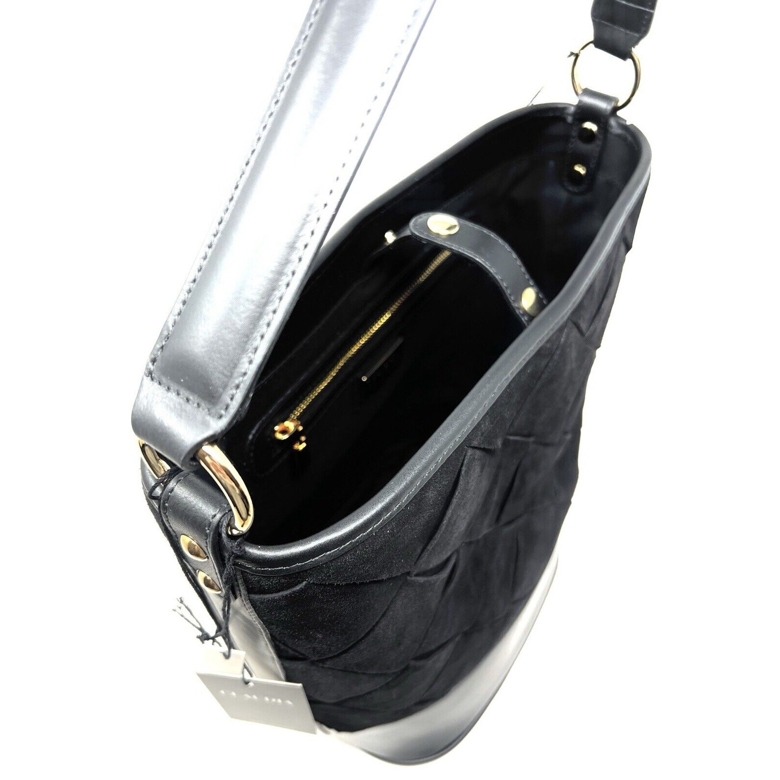 Claudia Firenze Suede Bucket Shoulder Bag Woven Purse Black Italian Leather NWT