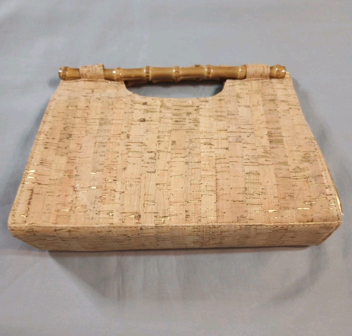 Cork Handbag Gold Accent Bamboo Handle Satchel 11 x 8 x 3.5 inch