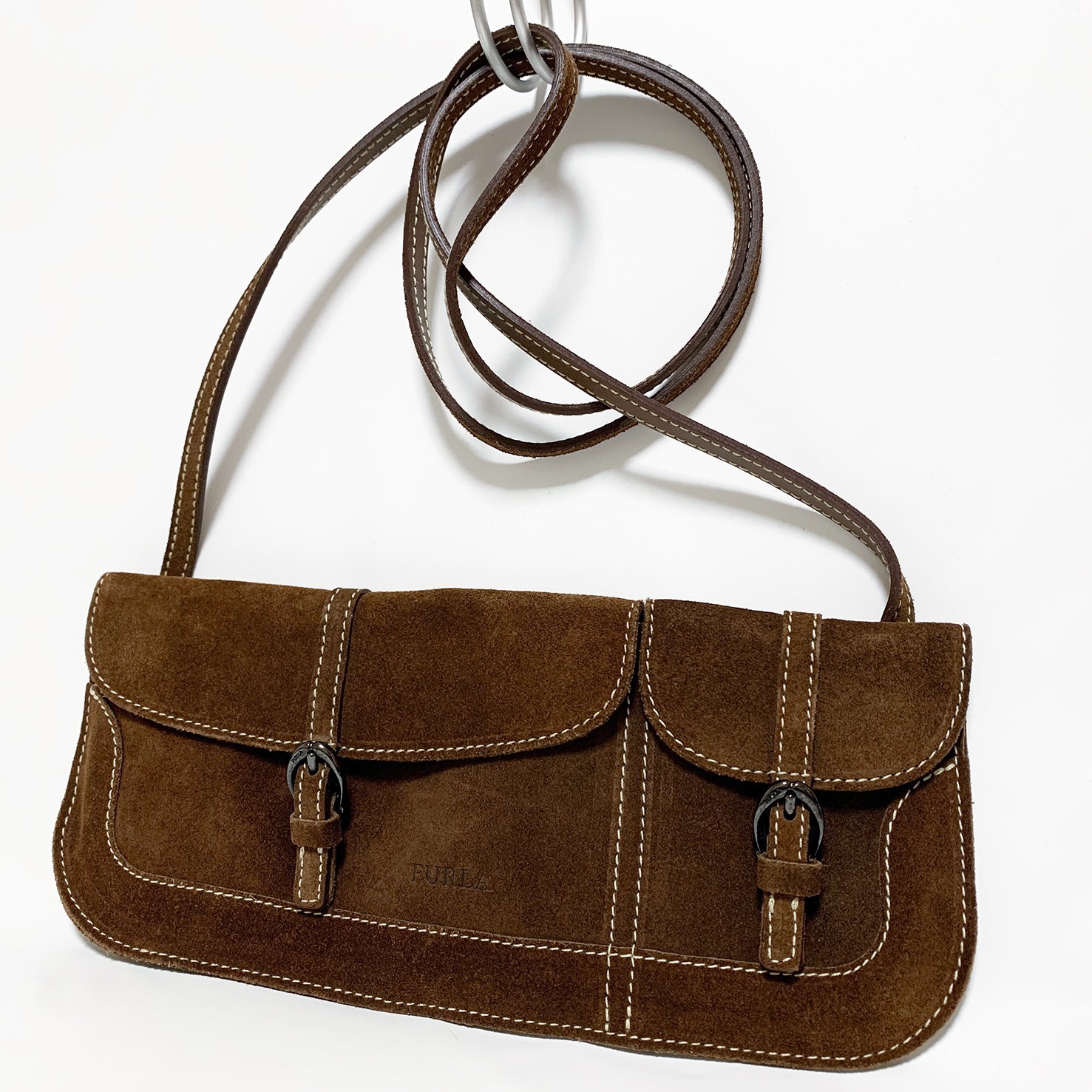 Authentic FURLA Suede Leather Shoulder Bag Slim small Brown