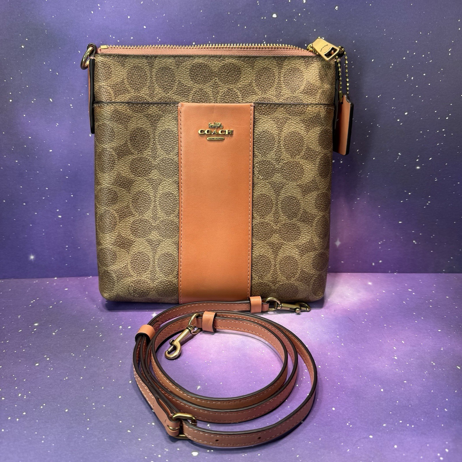 COACH 41321 Kitt Burgundy Colorblock Crossbody Bag Tan Brown Coated Canvas