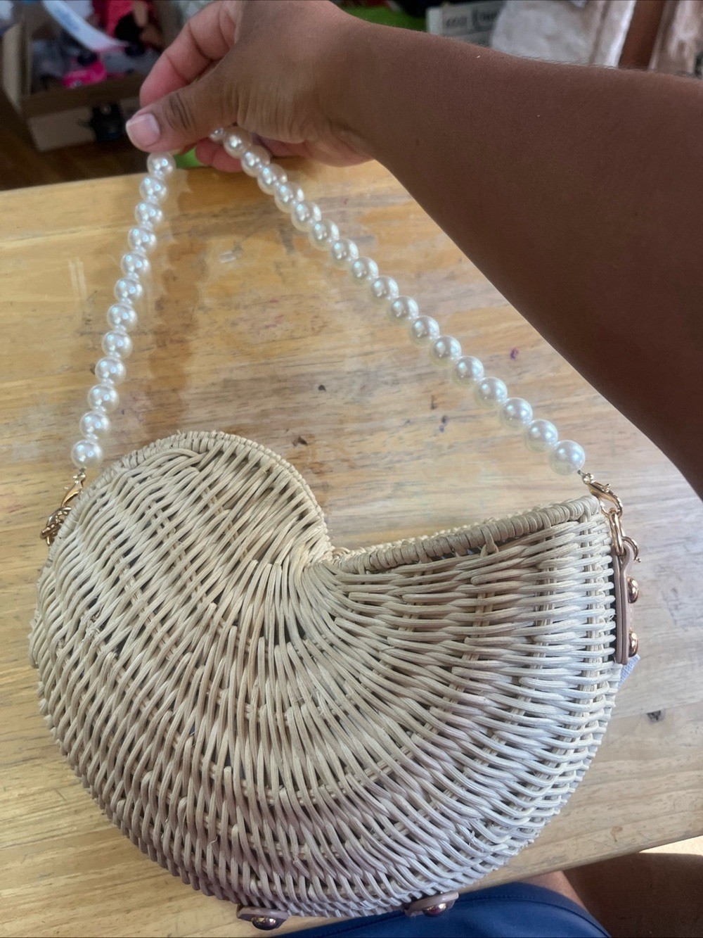 Viral Haute Hippie Style Nautilus Wicker Pearl Crossbody Bag NWT