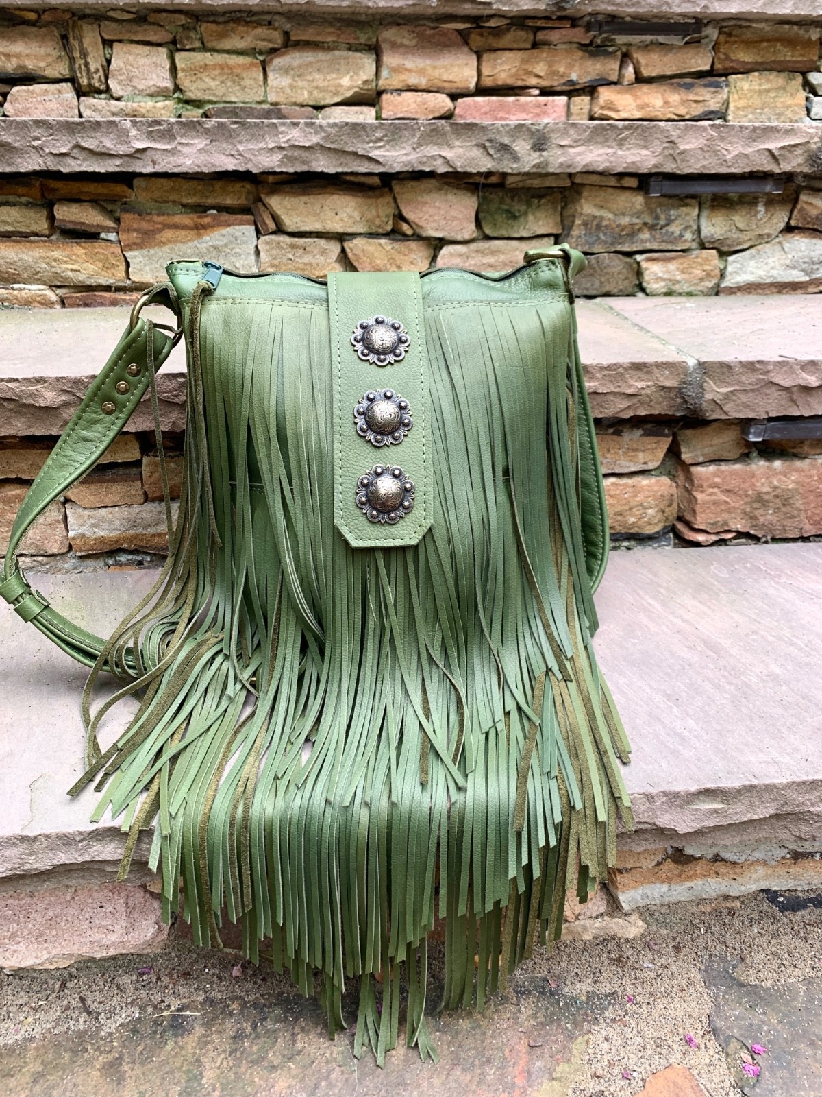 Green leather boho Southwest festival LONG fringe crossbody bag
