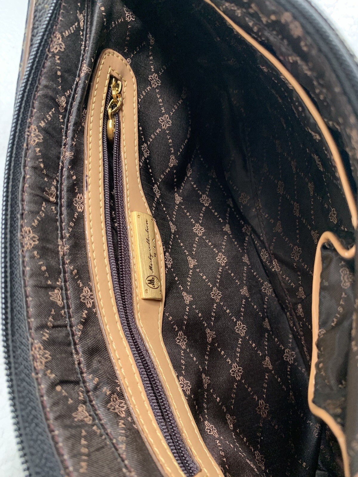 MISTY COLLECTION USA BROWN LEATHER LOGO PRINT SHOULDER BAG PURSE