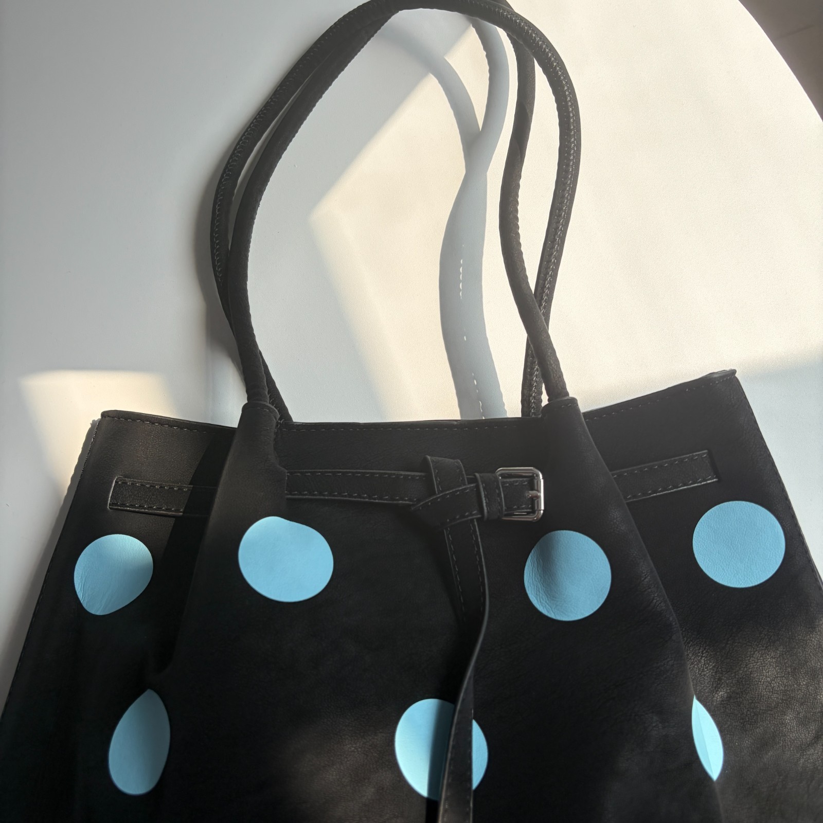 Black & Light Blue Polka Dot Large Tote Shoulder Bag