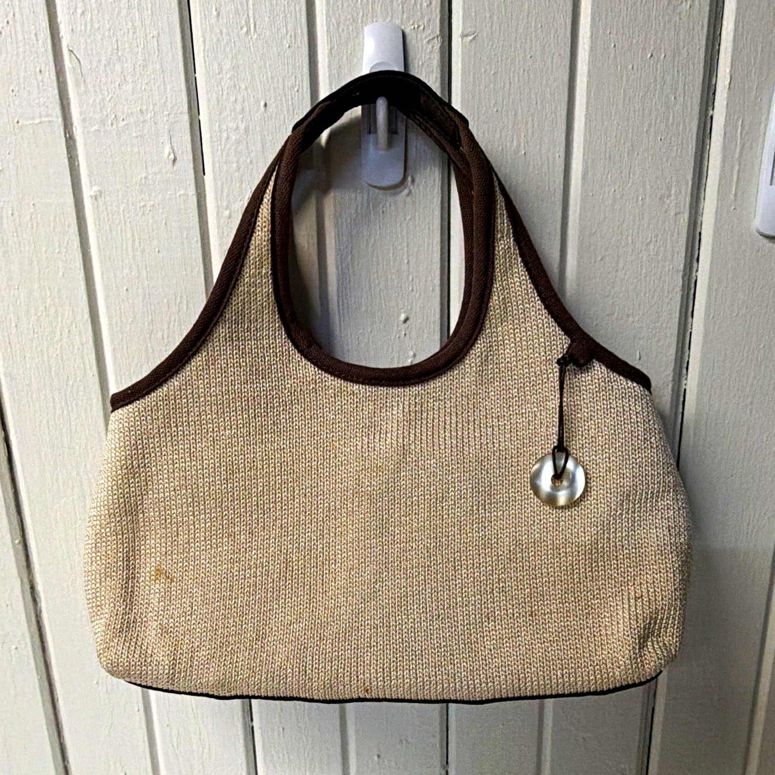 The Sak Beige Shoulder Bag Brown Strap Zip/Magnetic Inner Pockets Orange Lining