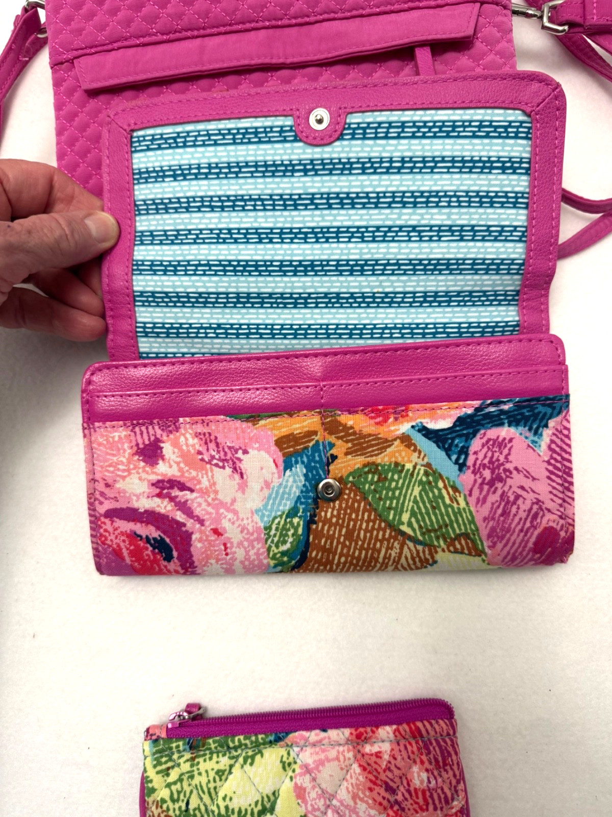 Vera Bradley Purse/Crossbody Bag Wallet Set Quilted Floral Pink Teal Blue 3 pcs