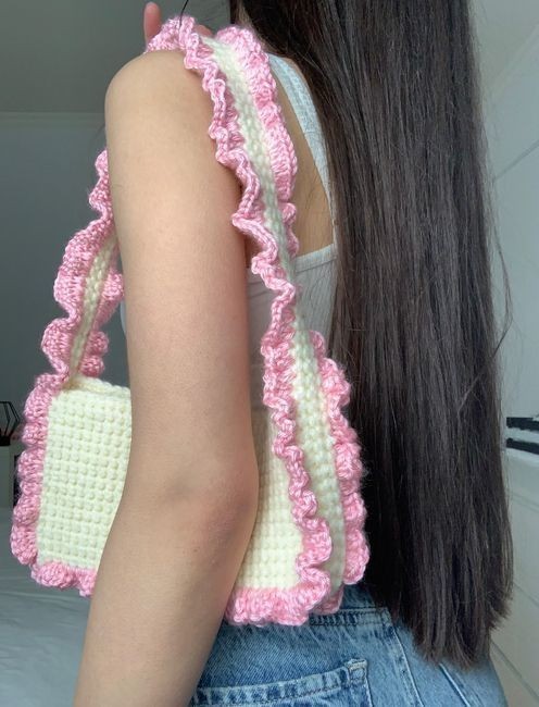 Handmade Crochet Ruffle Bag Cute Bow Purse Aesthetic Shoulder Tote Bag