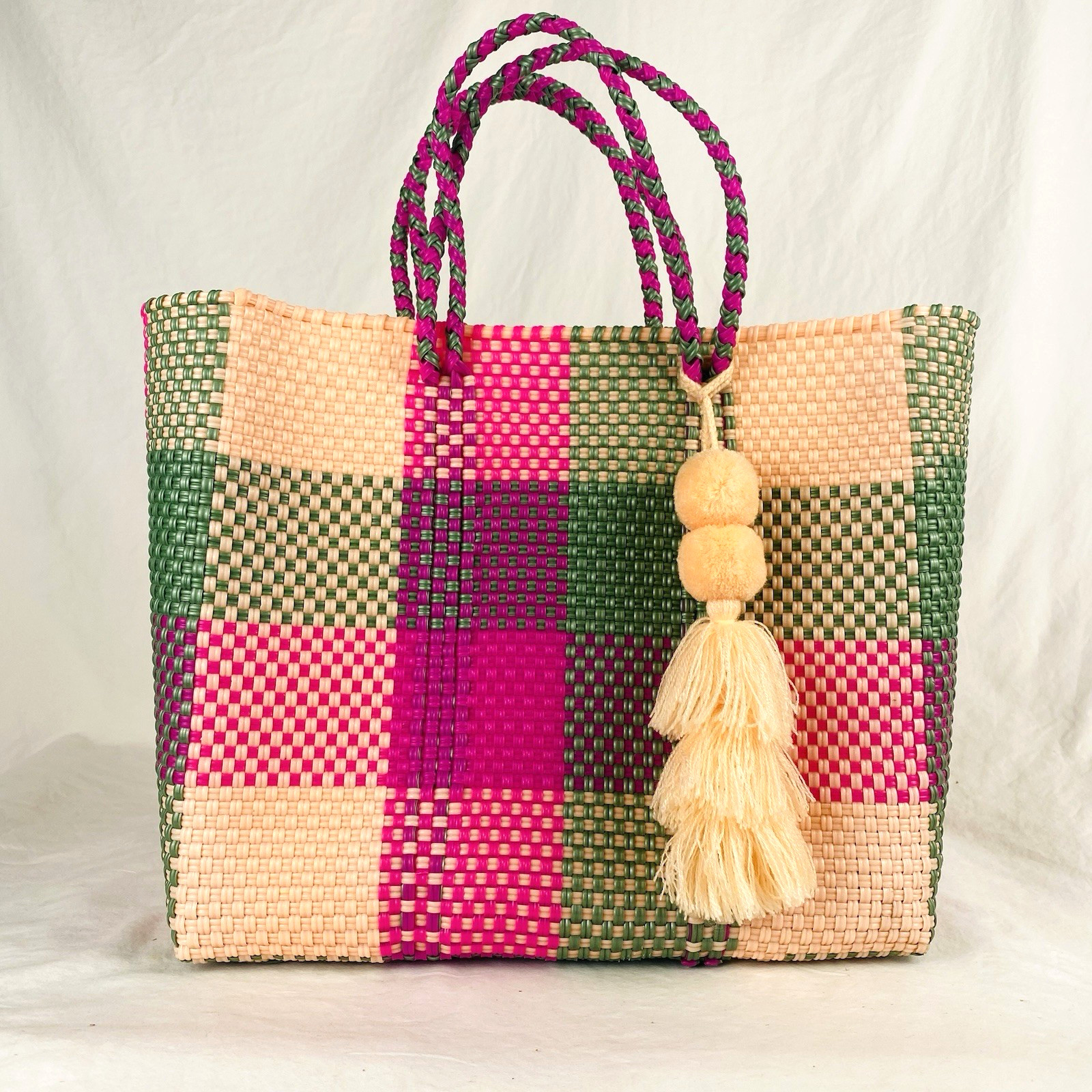 Oaxaca Mexico Hand Woven Recycled Plastic 12″ Pink & Green Market Tote Bag