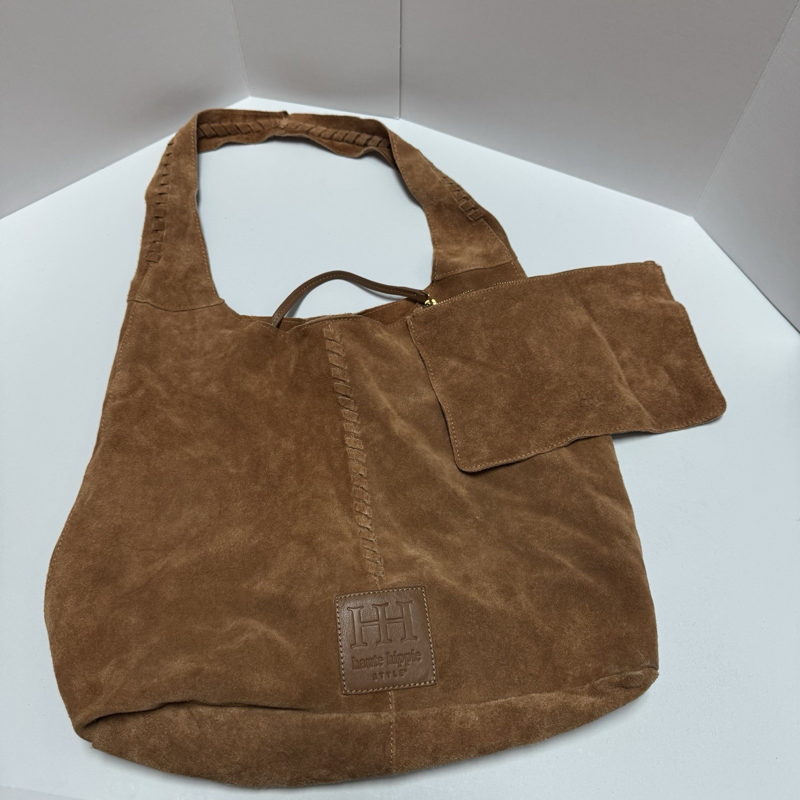 Haute Hippie Purse Bag Leather Festival Suede Hobo Brown Cognac + Zip Pouch READ