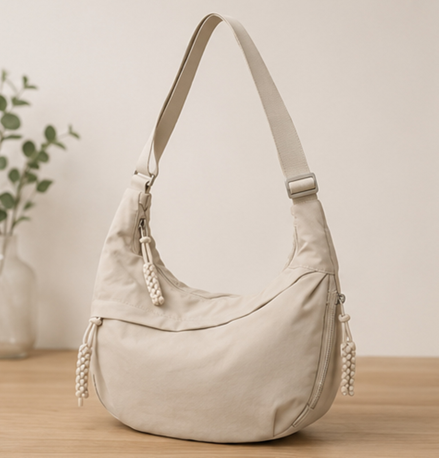 Beige Minimalist Bag, Neutral Half Moon Shoulder Bag