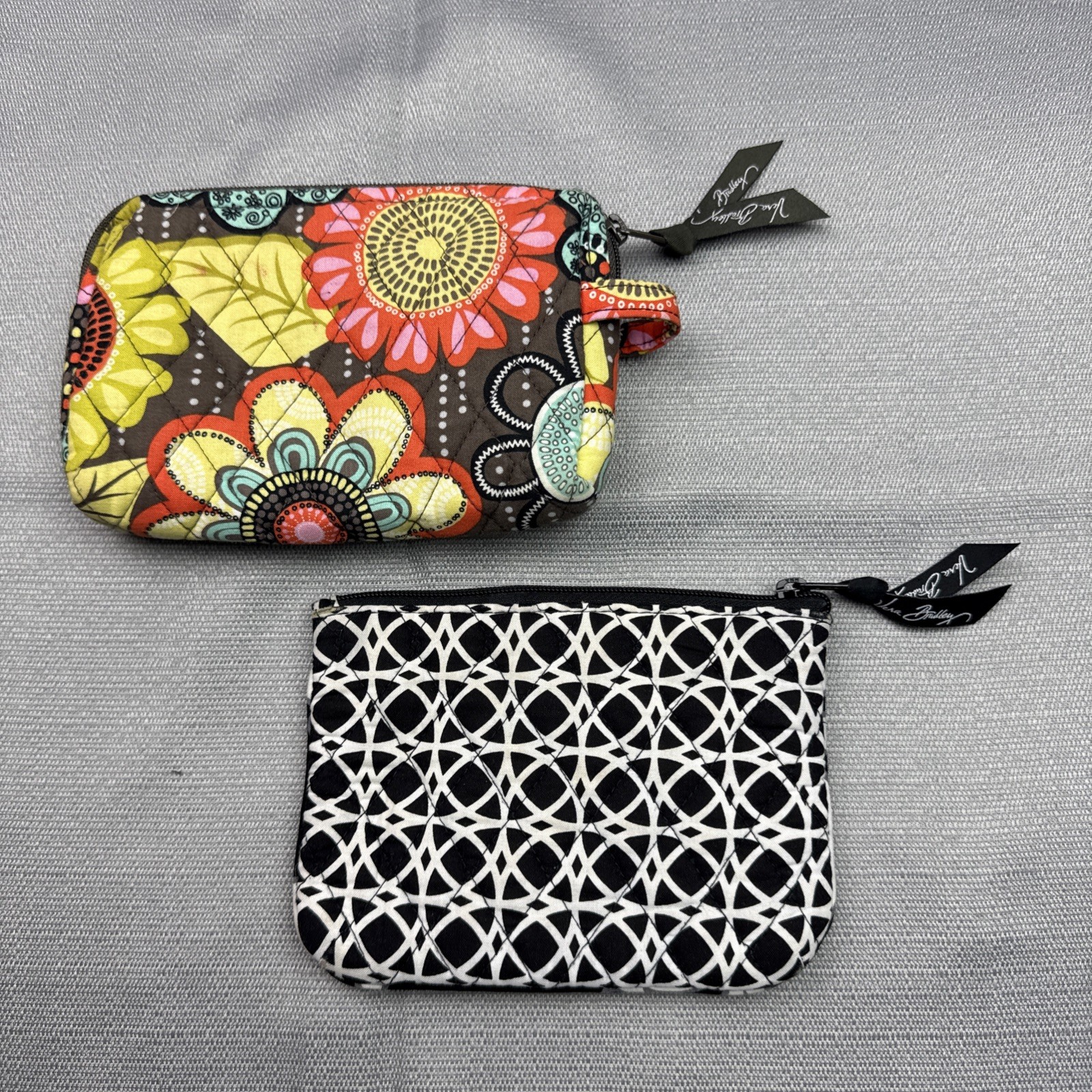 Vera Bradley Lot of 2 Quilted Zipper Pouches Flower Shower Black White Geometric