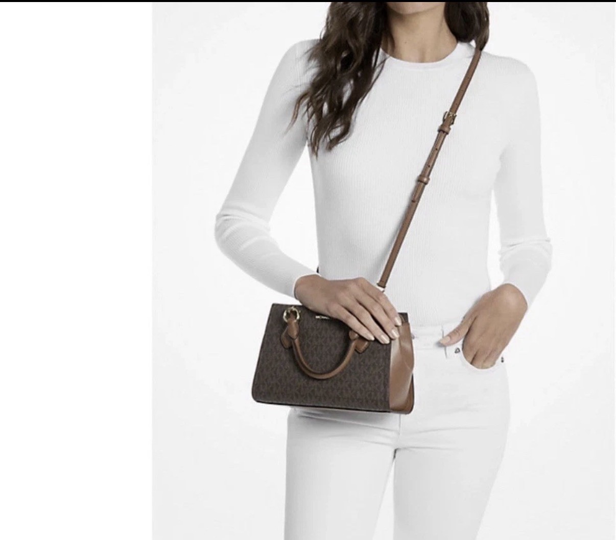 Michael Kors Logo Satchel Brown Monogram Crossbody Bag Double Handle Zip Small