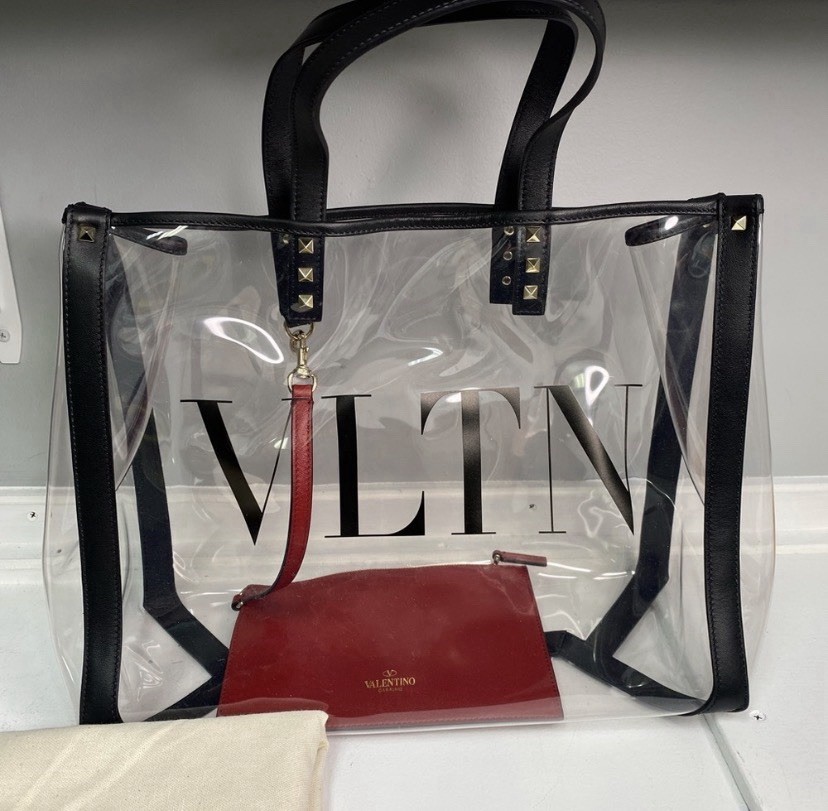 Valentino Garavani Rockstud Transparent Tote with Black Trim & Red Leather Pouch