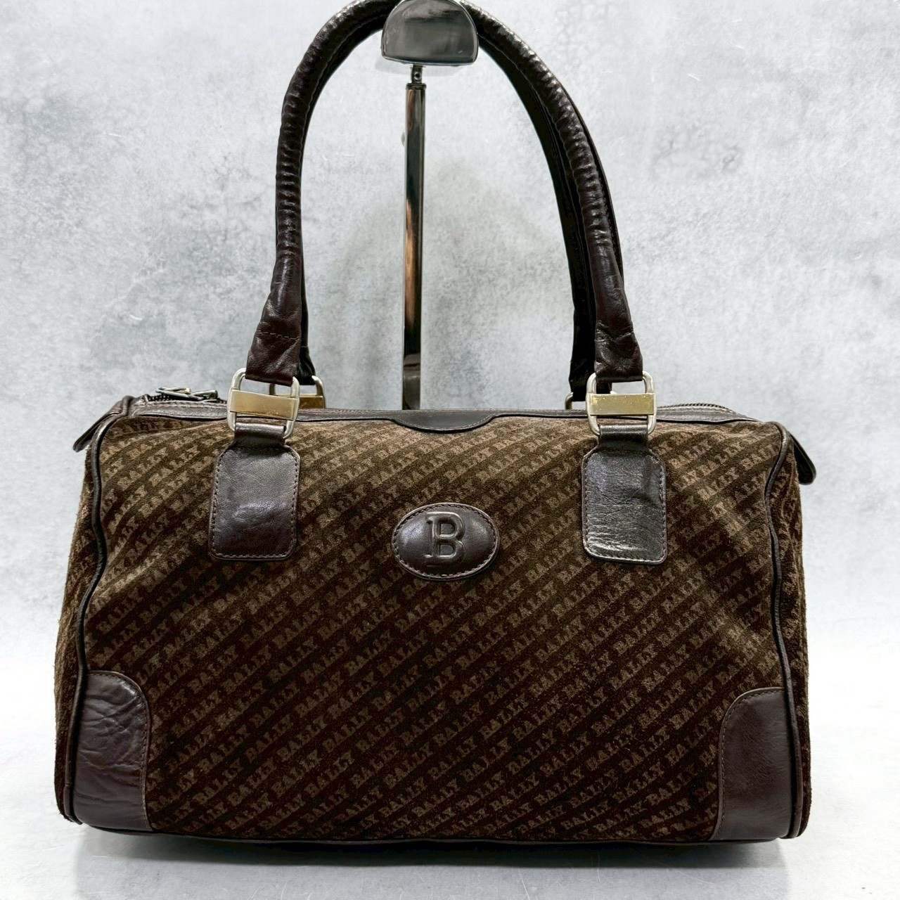 Bally Brown Suede Mini Boston Bag Allover Logo Top Handle Y2K Italy Women Bag