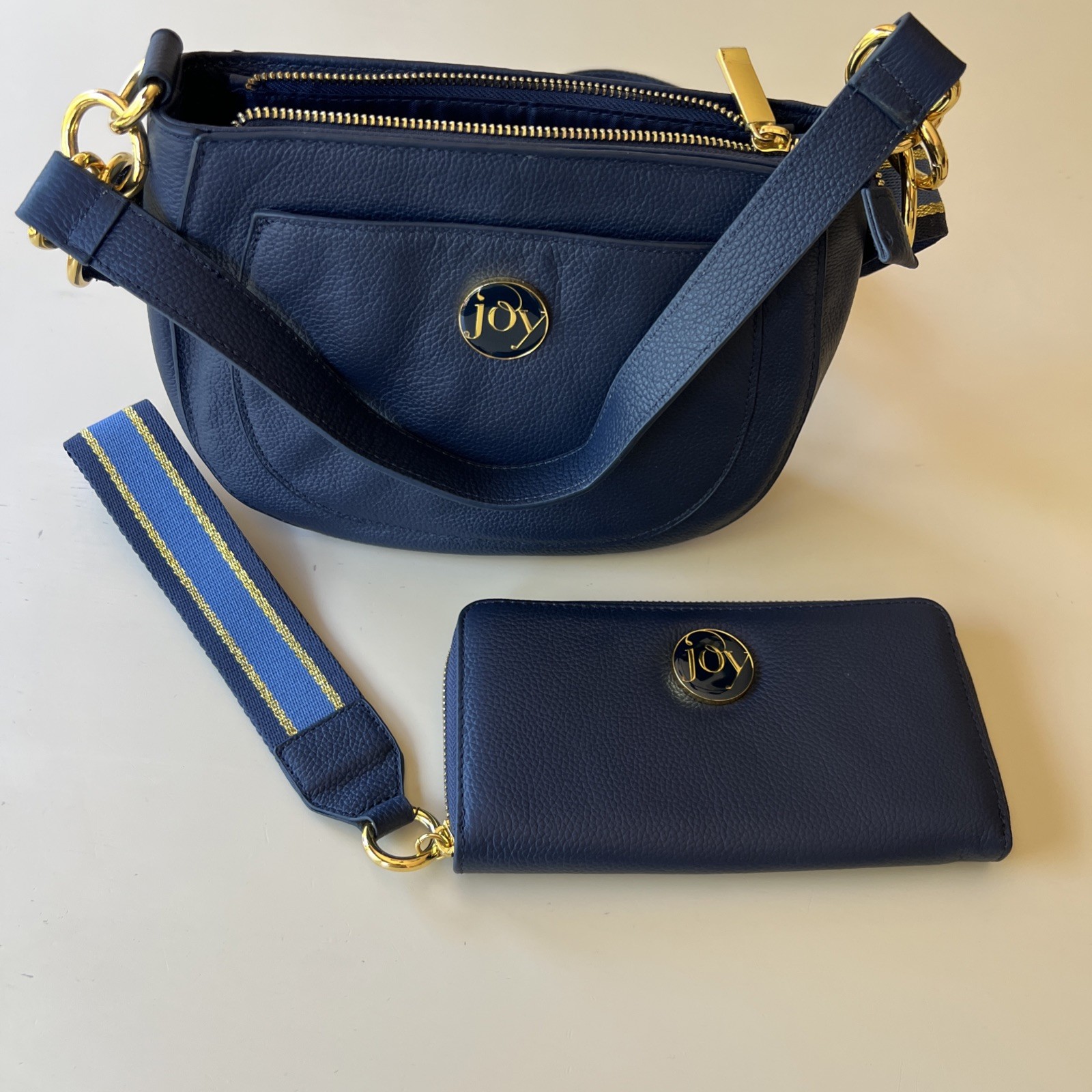 JOY Chic Leather Crossbody Shoulder Bag Navy Blue And Matching Wallet