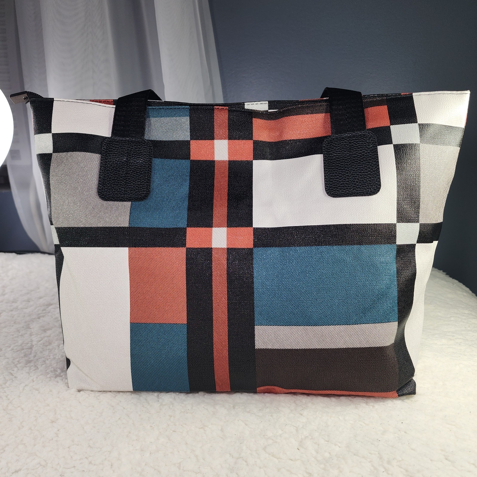 Fashion-Forward Modern Geometric Tote Bag – orange, green, white, black