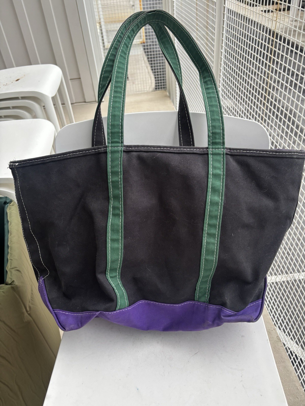 L.L. Bean Vintage Boat and Tote Bag 1980s Color Way Green Black Purple USA Made