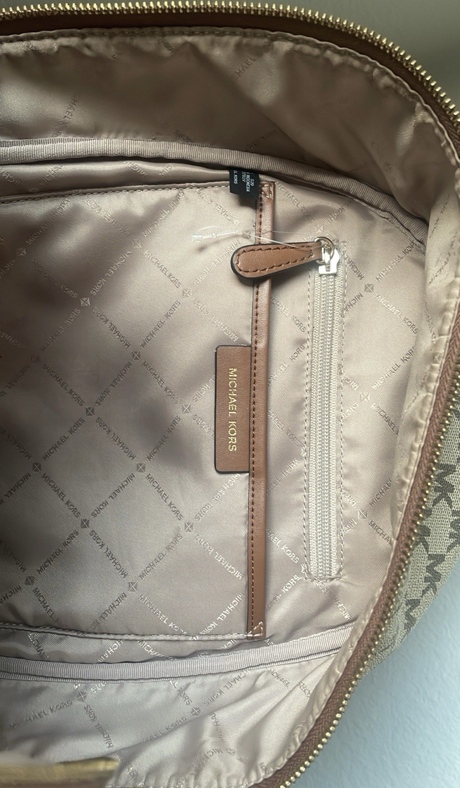 Michael Kors Logo Backpack Beige/Brown Zip Closure Gold Hardware Front Pocket