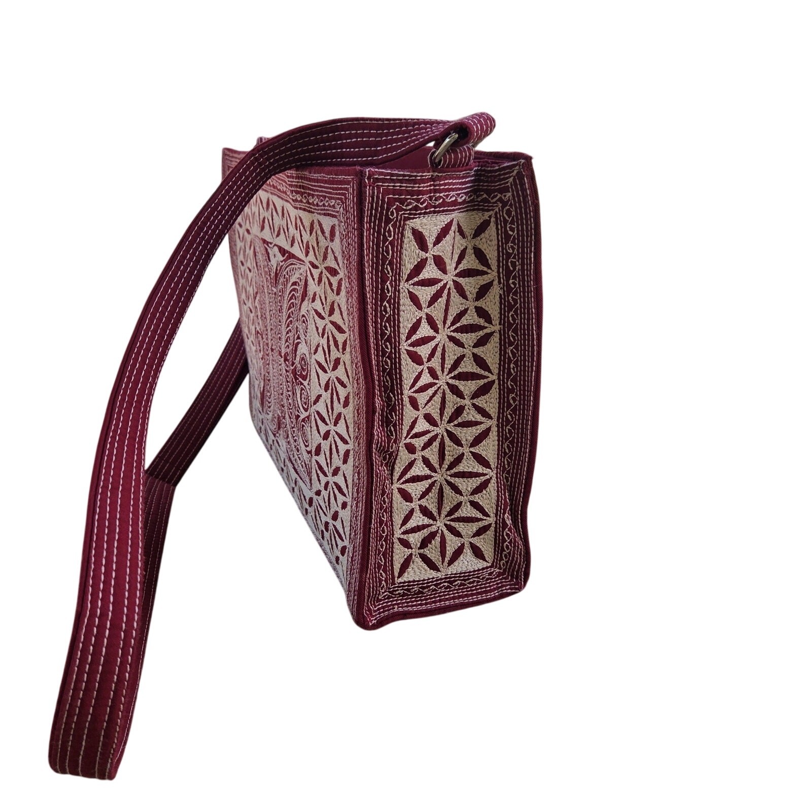 Vintage Embroidered Box Bag Burgundy Ivory Folk Art Crossbody Travel Purse