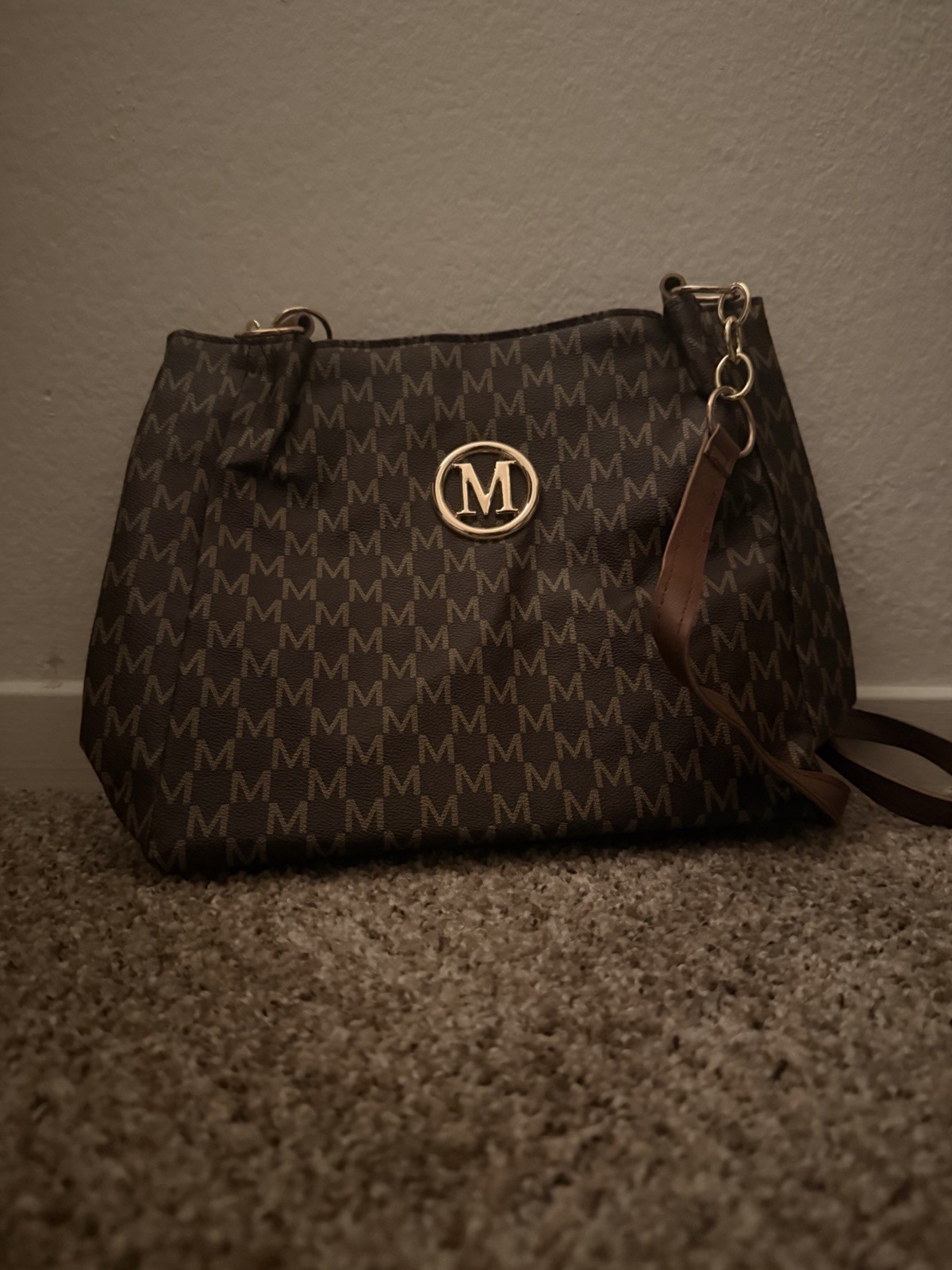 MKF Collection Brown Beige Shoulder Bag Logo Pattern Gold Hardware Designer