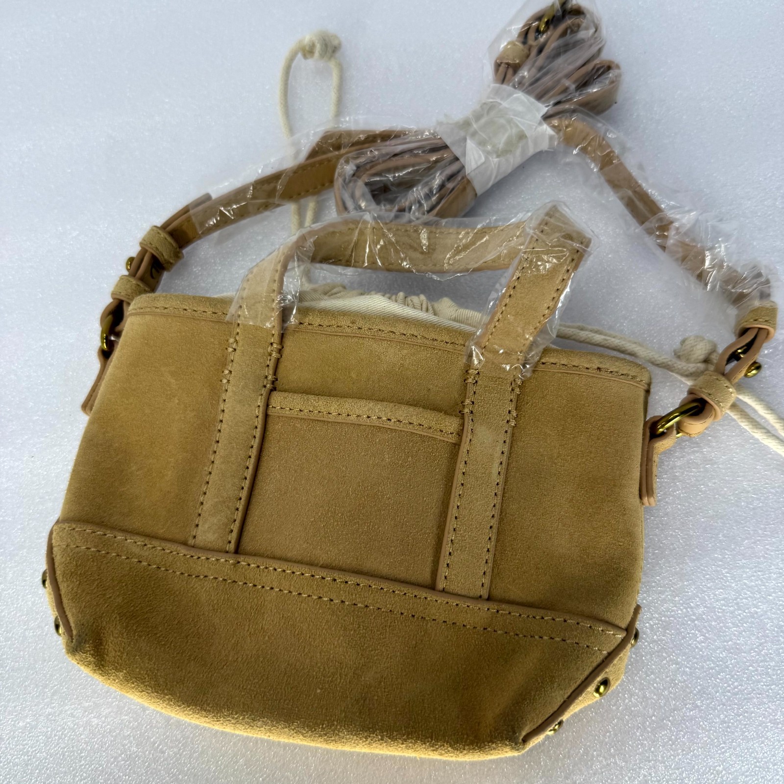 J Crew Montauk Mini Tote Crossbody Bag Camel Gold Studs Adjustable Strap Tan