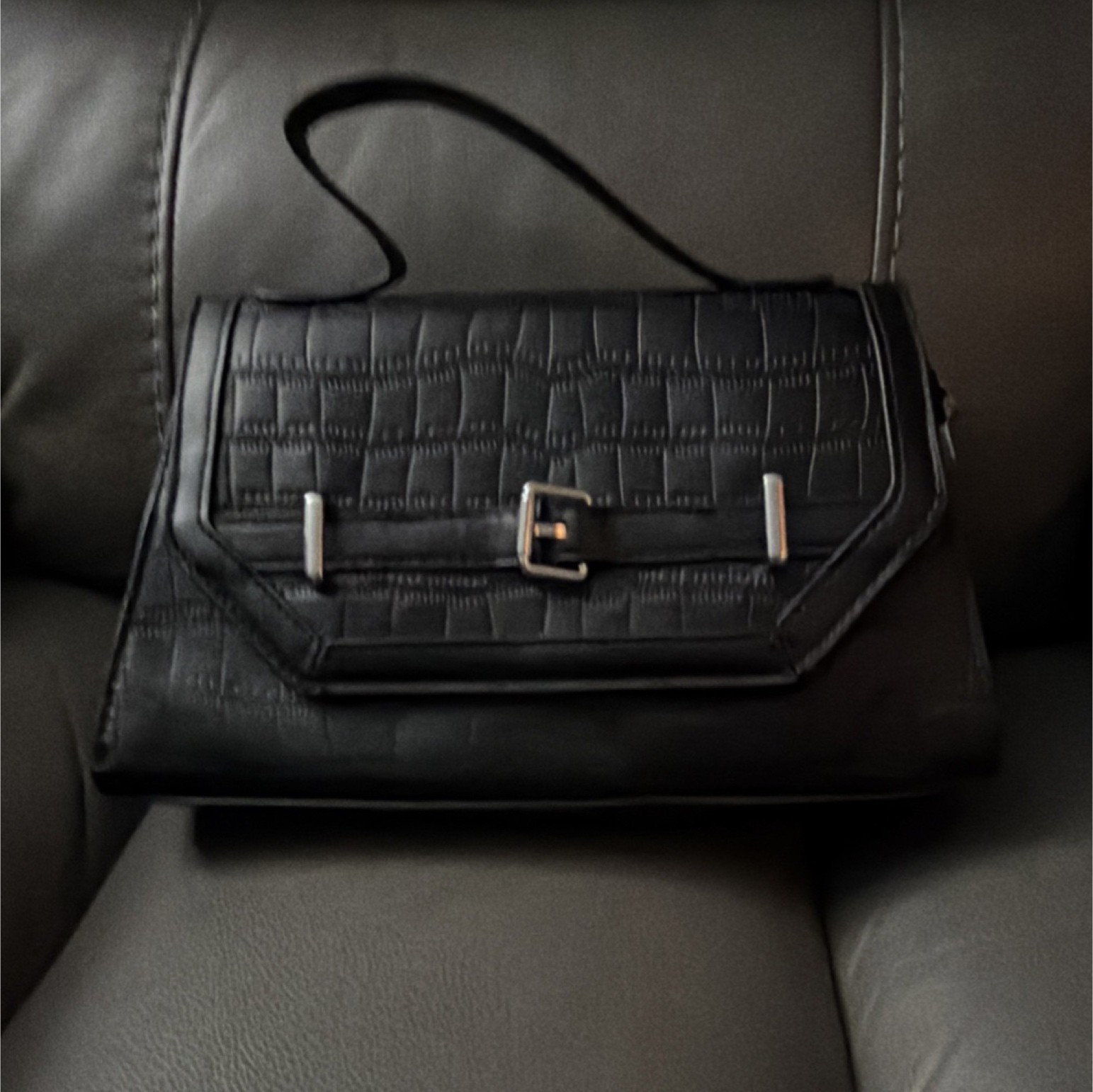 Women’s Black Crocodile Shoulder Bag, Buckle, Magnetic & Zip, Lined Pockets
