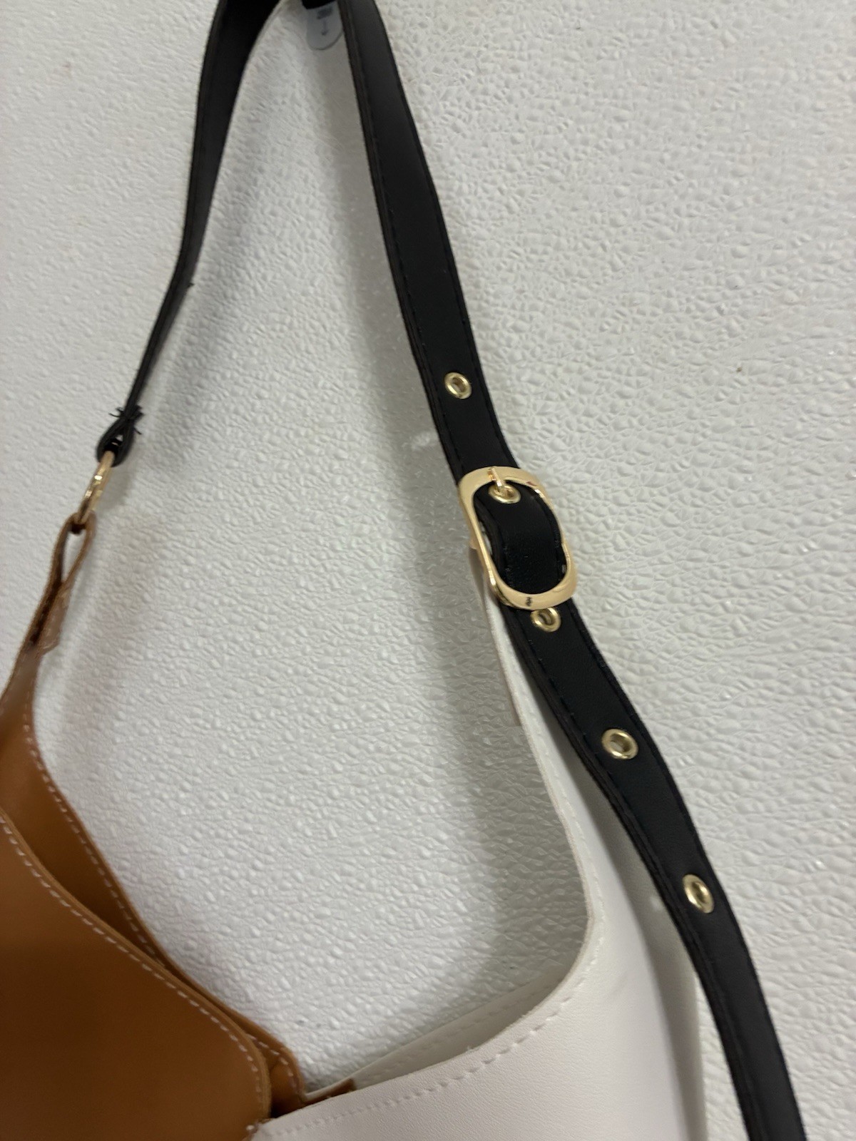 Two-Tone Cream and Tan Shoulder Bag with Black Strap