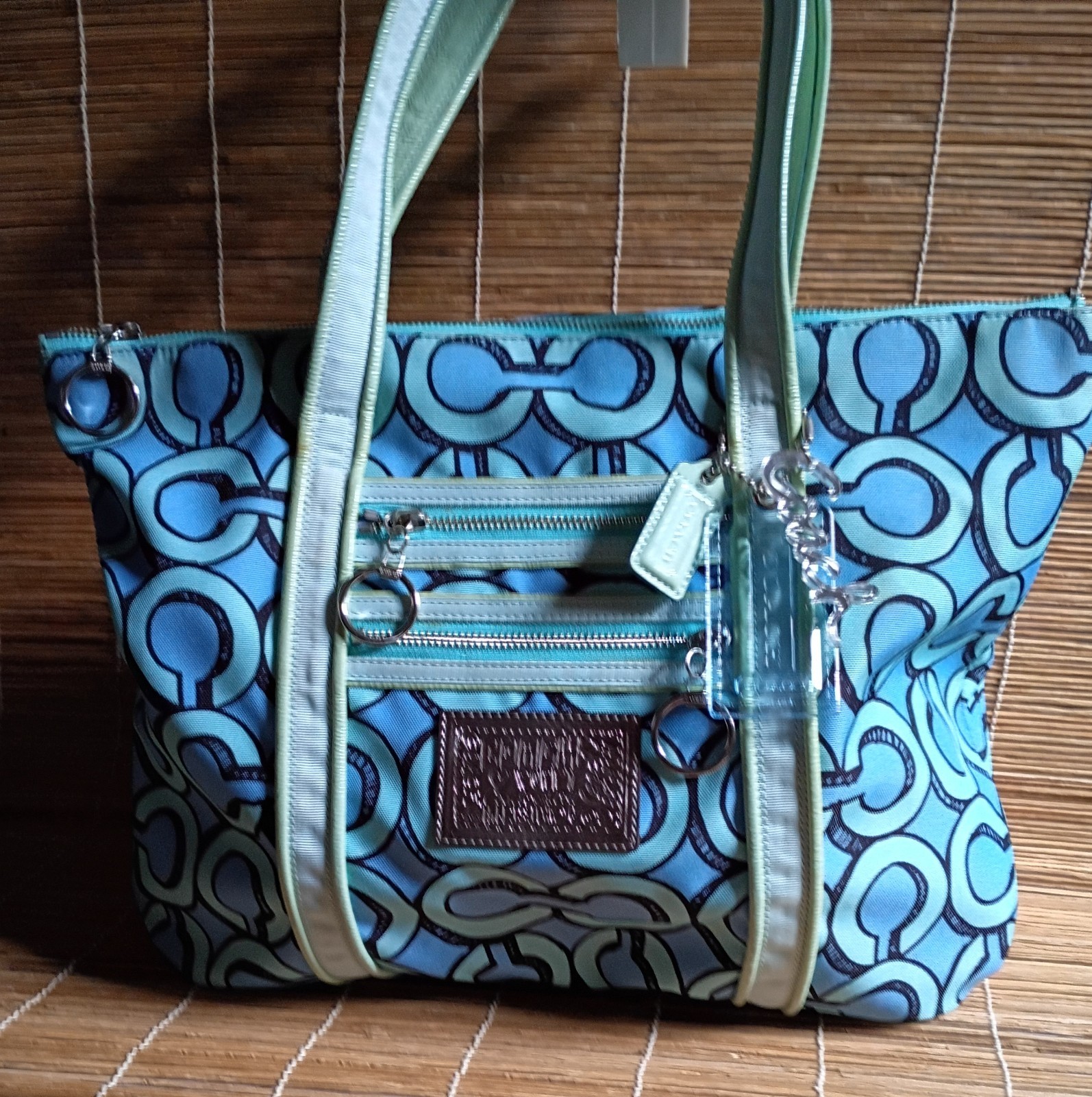 Coach Poppy 3D Op Art Glam Blue and Mint Green Tote 14983