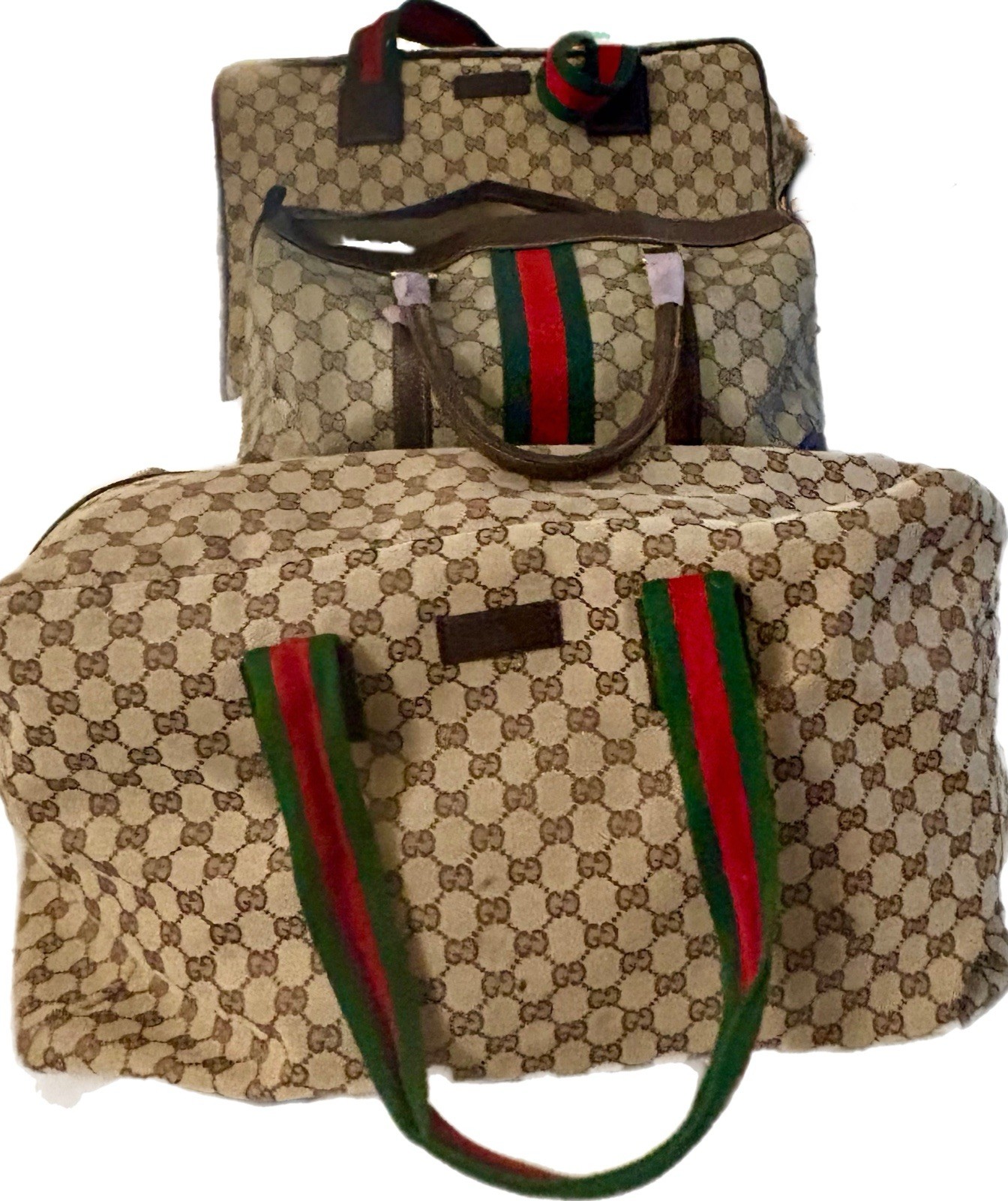BUY 1 GET 2 FREE- Brown Canvas GG Web Duffle Bag Set; Large, Medium and Small
