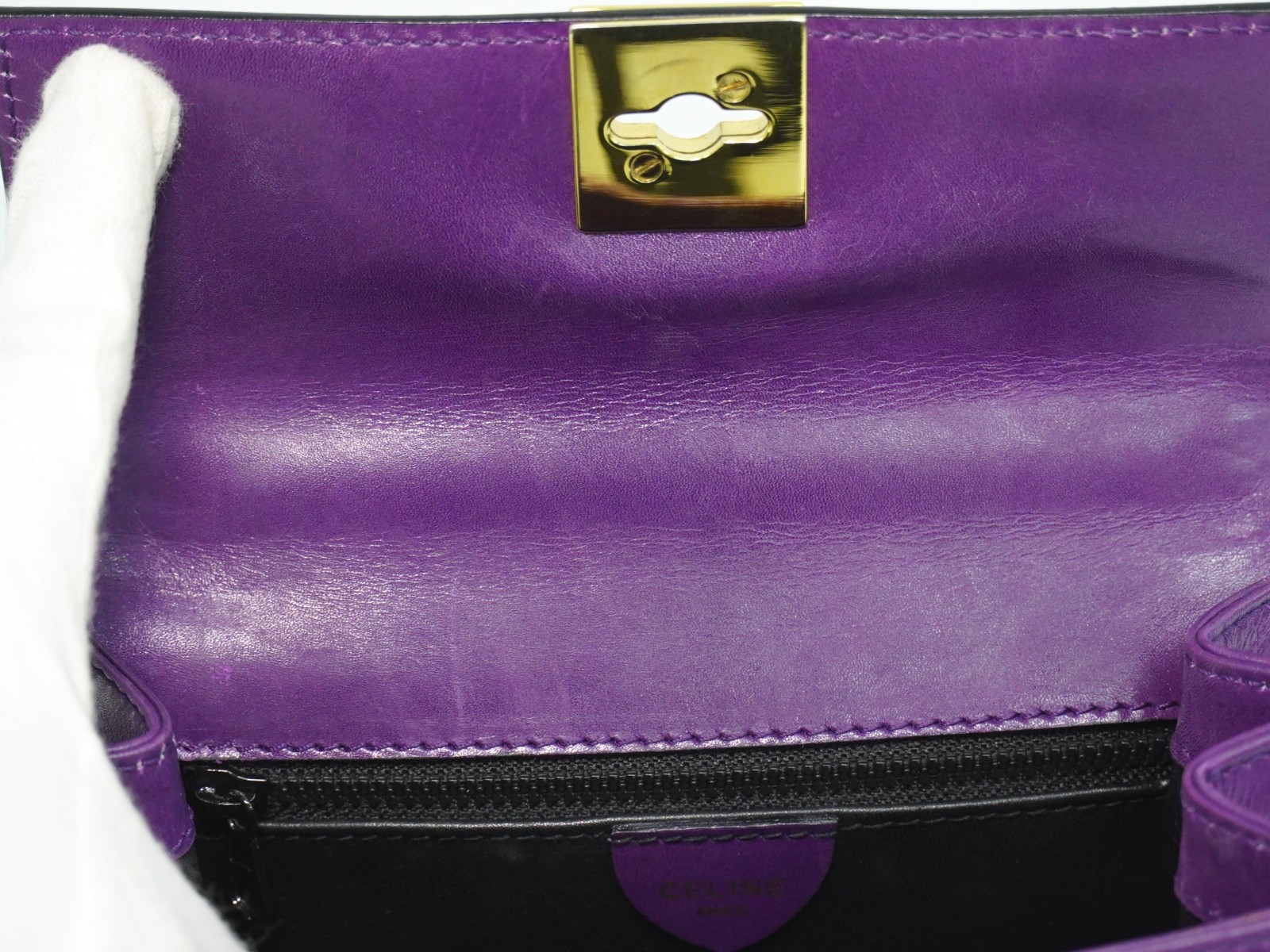 CELINE Leather Top Handle Handbag Purple Gold