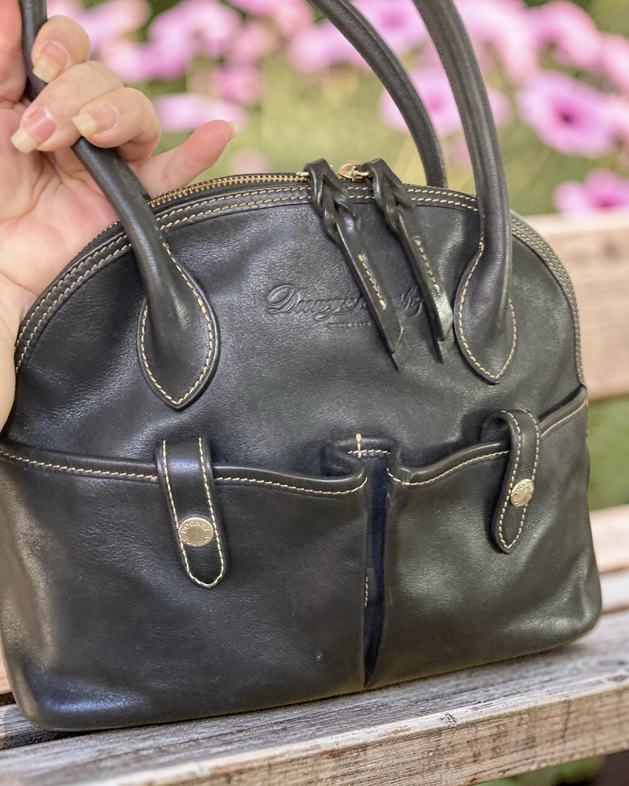 Dooney Bourke All Black Florentine Vacchetta Leather Domed Satchel Tote Bag