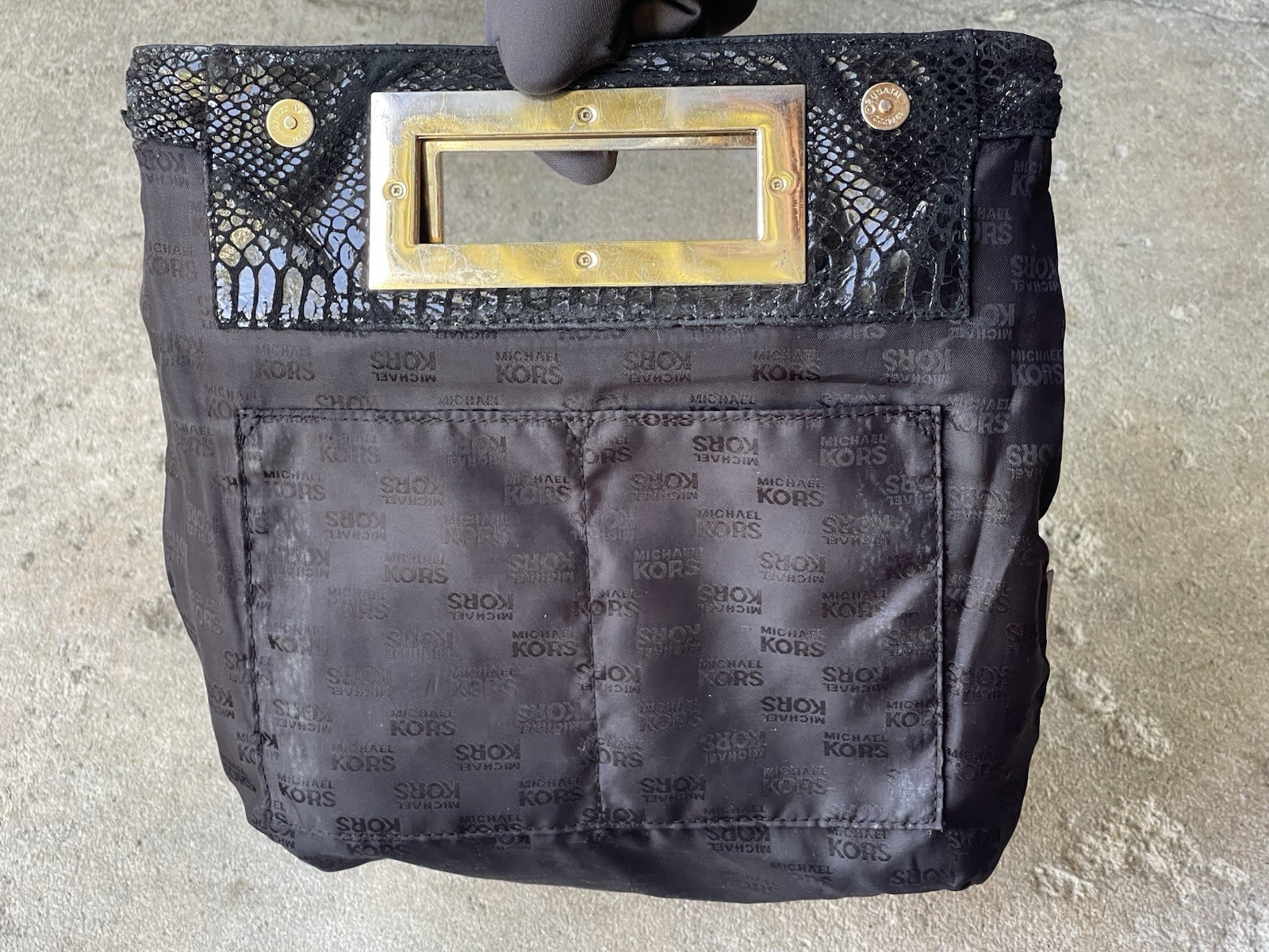 MICHAEL KORS Berkley Black Snake Embossed Leather Clutch Goldtone Handle Purse