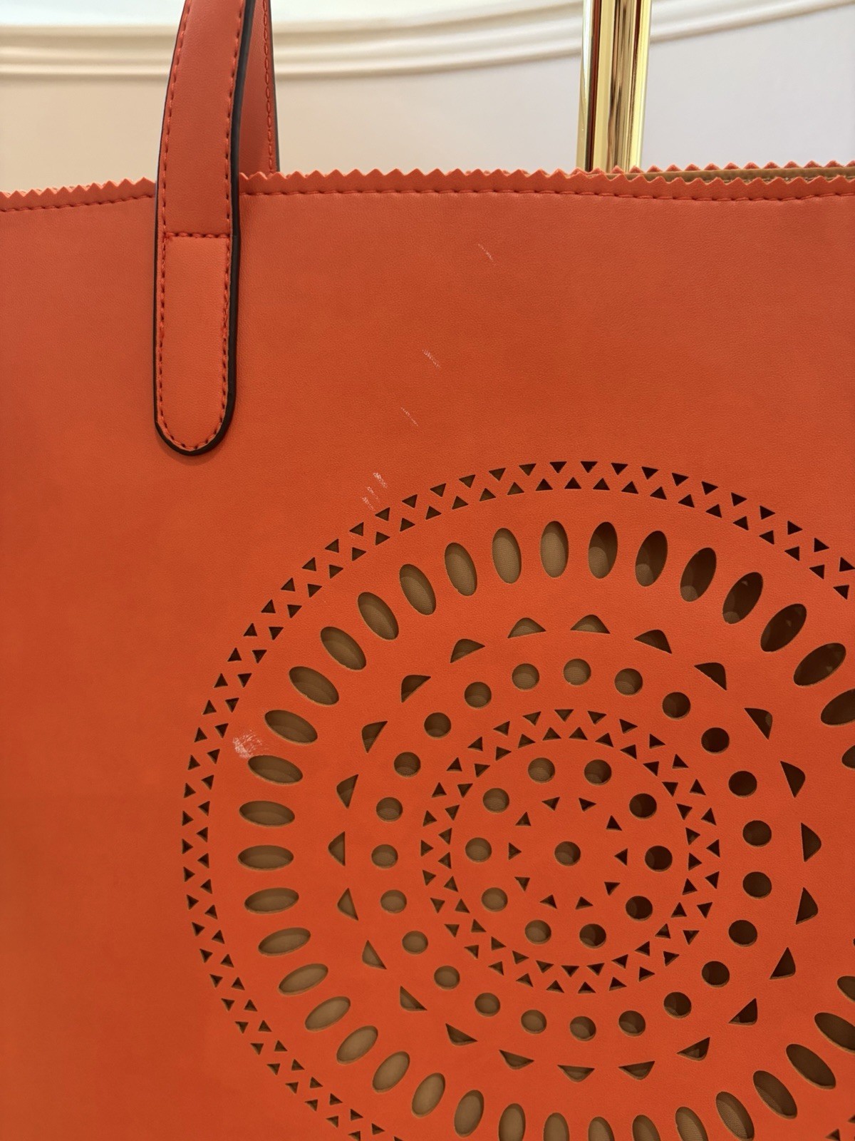 Neiman Marcus Orange Solid Tote Bag Cut Out Lined Double Handles Beige Lining