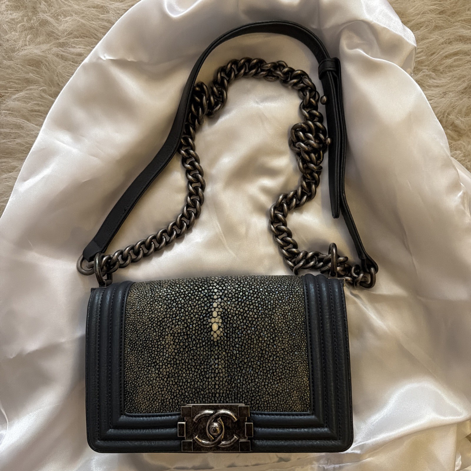 Chanel Le Boy Black Pearl Stingray Gloss Calf Trim Chain Shoulder Handbag (COA)