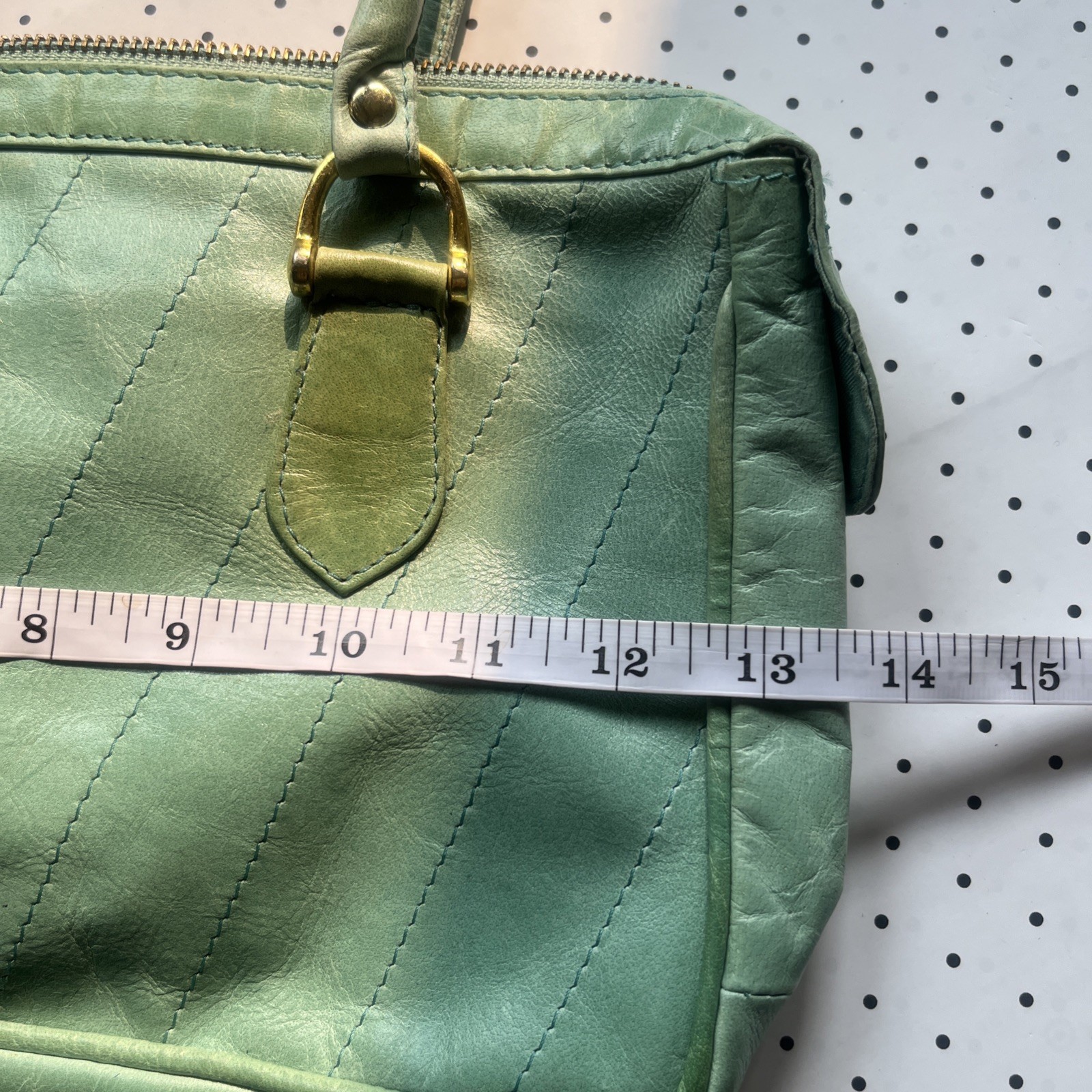 Vintage Mint Green Genuine Leather Satchel Purse Zip Top Brass Top Handle