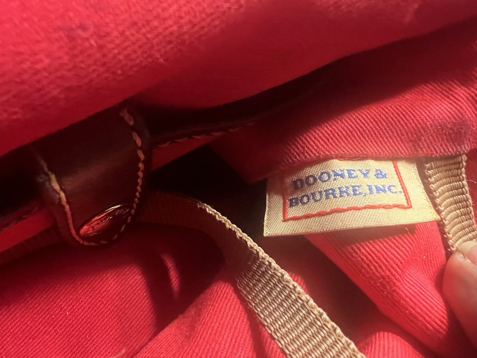 Dooney & Bourke Red Solid Shoulder Bag Brown Strap Gold Hardware Logo Stitching