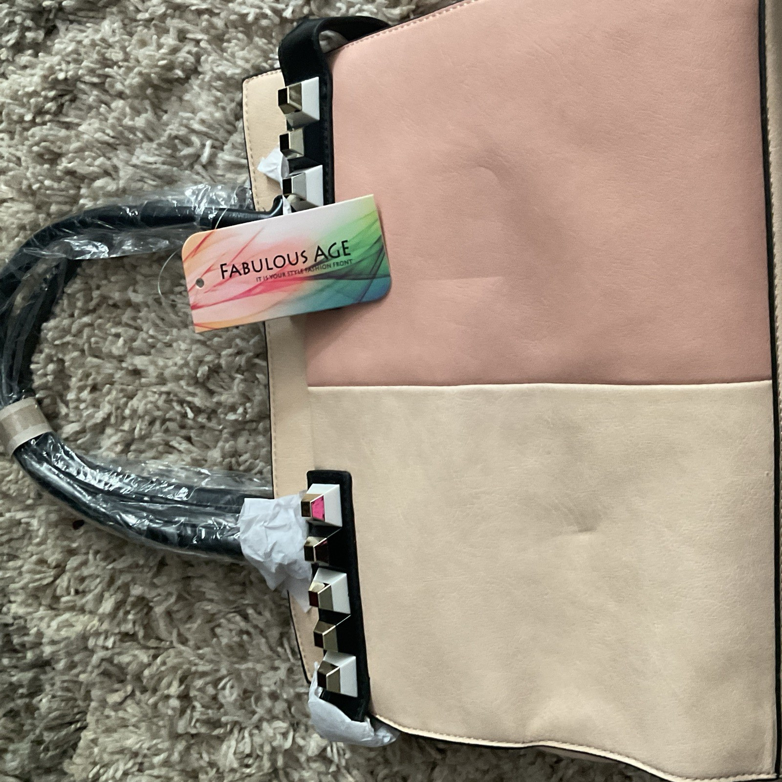 Fabulous Age Beige Pink Colorblock Studded Satchel Top Handle Zip Dust Bag
