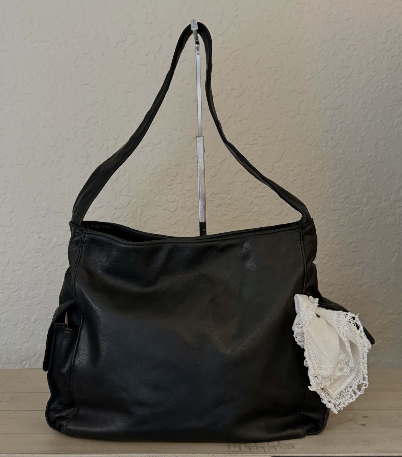 Perlina New York Black Leather Hobo Shoulder Bag Vintage Soft Leather