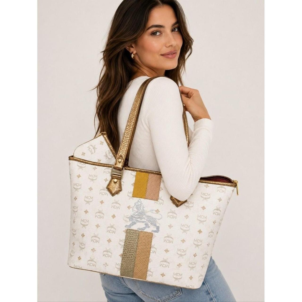 MCM Princess Lion Medium White Visetos Coated Canvas Shopper Tote