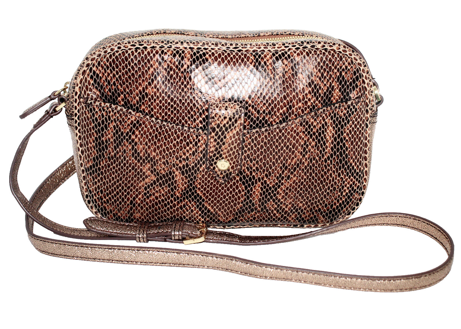 G.I.L.I. GOT IT LOVE IT Camera Style Crossbody Brown Gold Snake Embossed Leather