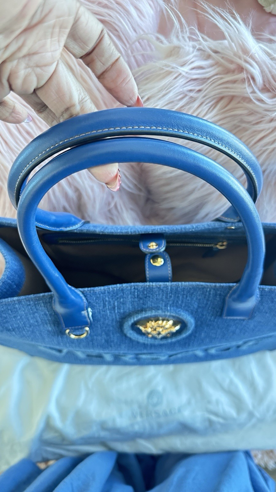 AUTHENTIC VERSACE LA MEDUSA LARGE TOTE BAG IN BLUE DENIM