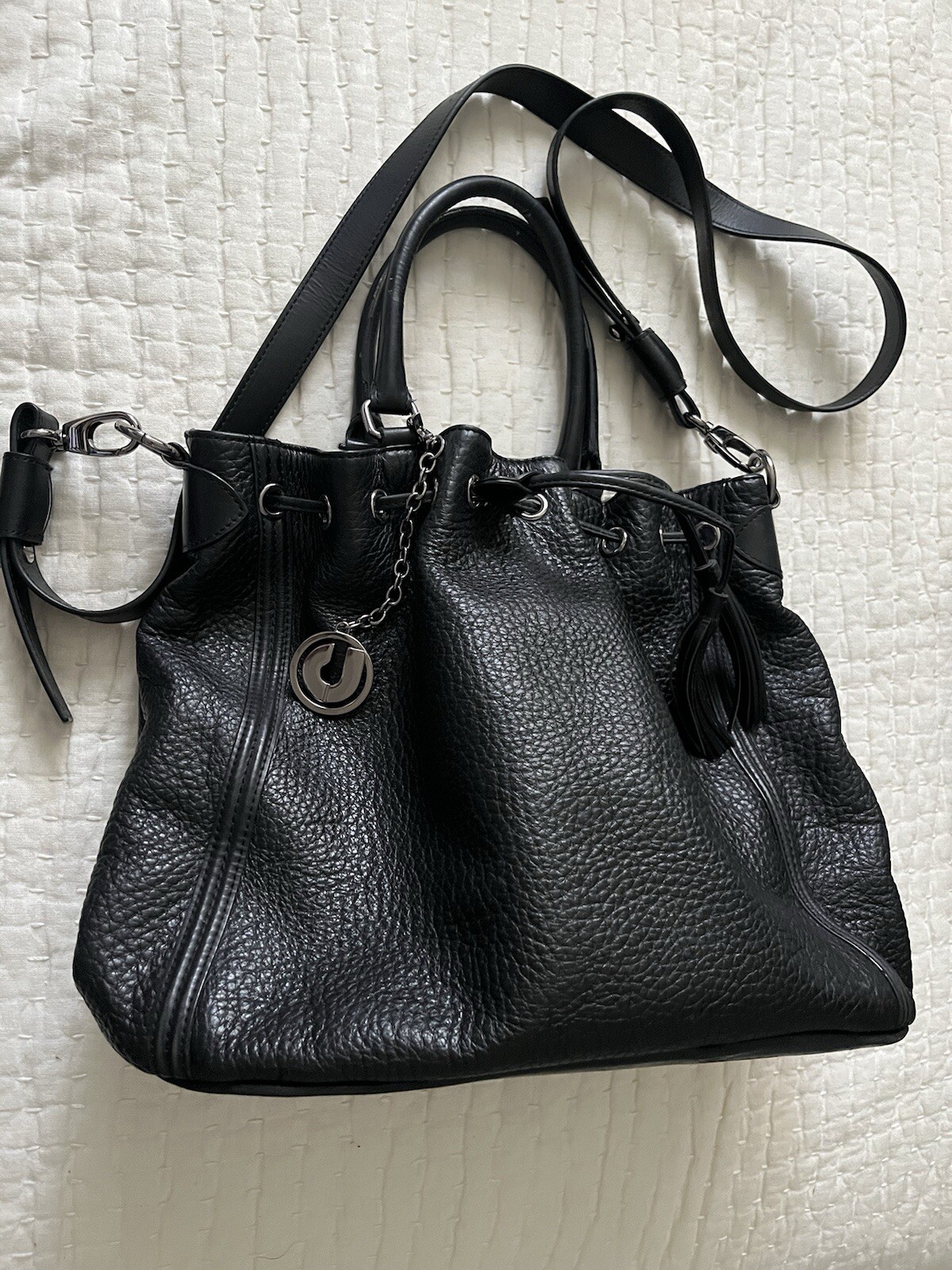 CHARLES JOURDAN Paris Finley Black Leather Drawstring Bag Satchel Crossbody