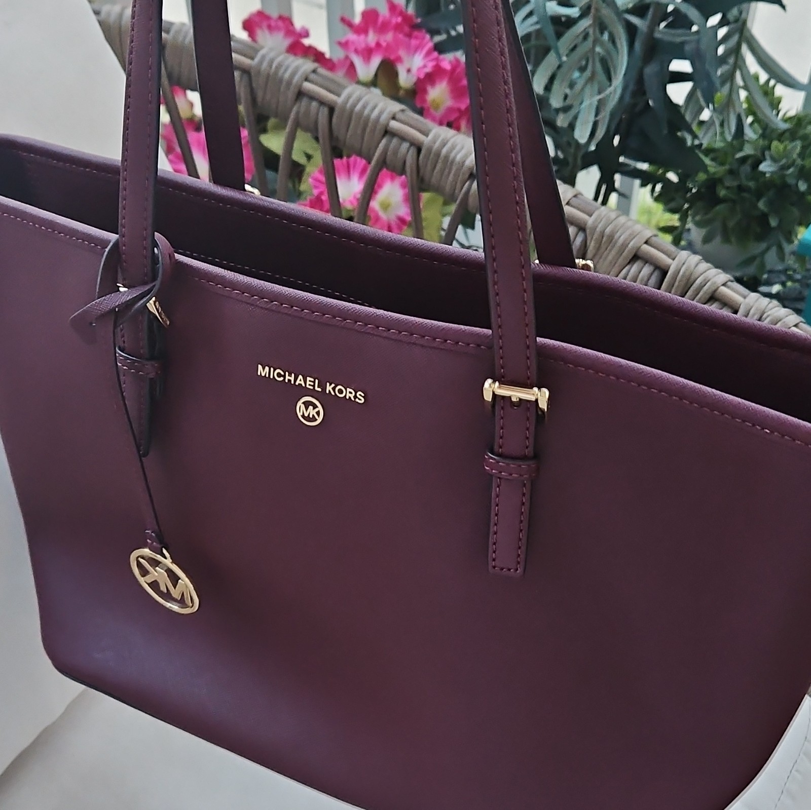 Michael Kors Burgundy Large Tote Bag Gold Hardware MK Charm Inner Pockets